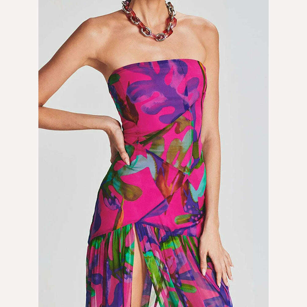 KIMLUD, LGRQ Women's Fashion Dress Slash Neck Sleeveless Pleated Backless Split Print Female Party Dresses Summer 2024 New 13DB2520, KIMLUD Womens Clothes