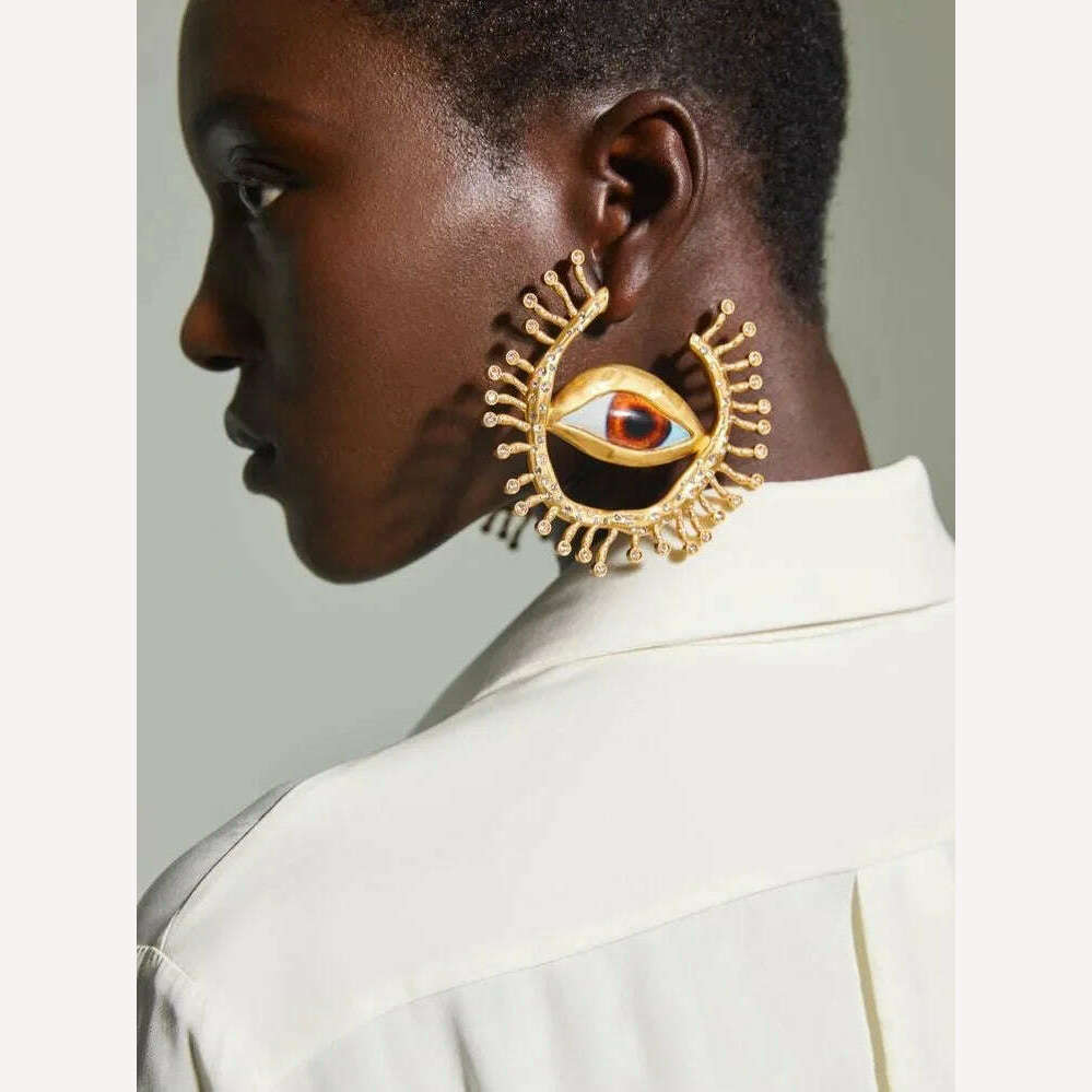 Lifefontier Vintage Full Rhinestone Devil's Eye Hoop Earrings For Women New Asymmetric Alien Pupil Big Earring Party Jewelry - KIMLUD