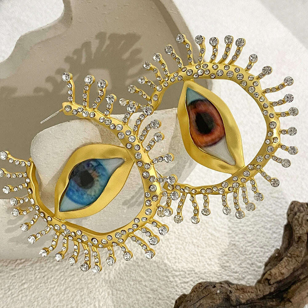 Lifefontier Vintage Full Rhinestone Devil's Eye Hoop Earrings For Women New Asymmetric Alien Pupil Big Earring Party Jewelry - KIMLUD
