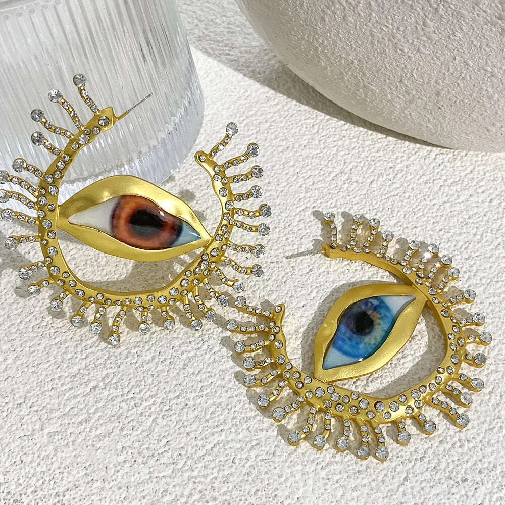 Lifefontier Vintage Full Rhinestone Devil's Eye Hoop Earrings For Women New Asymmetric Alien Pupil Big Earring Party Jewelry - KIMLUD