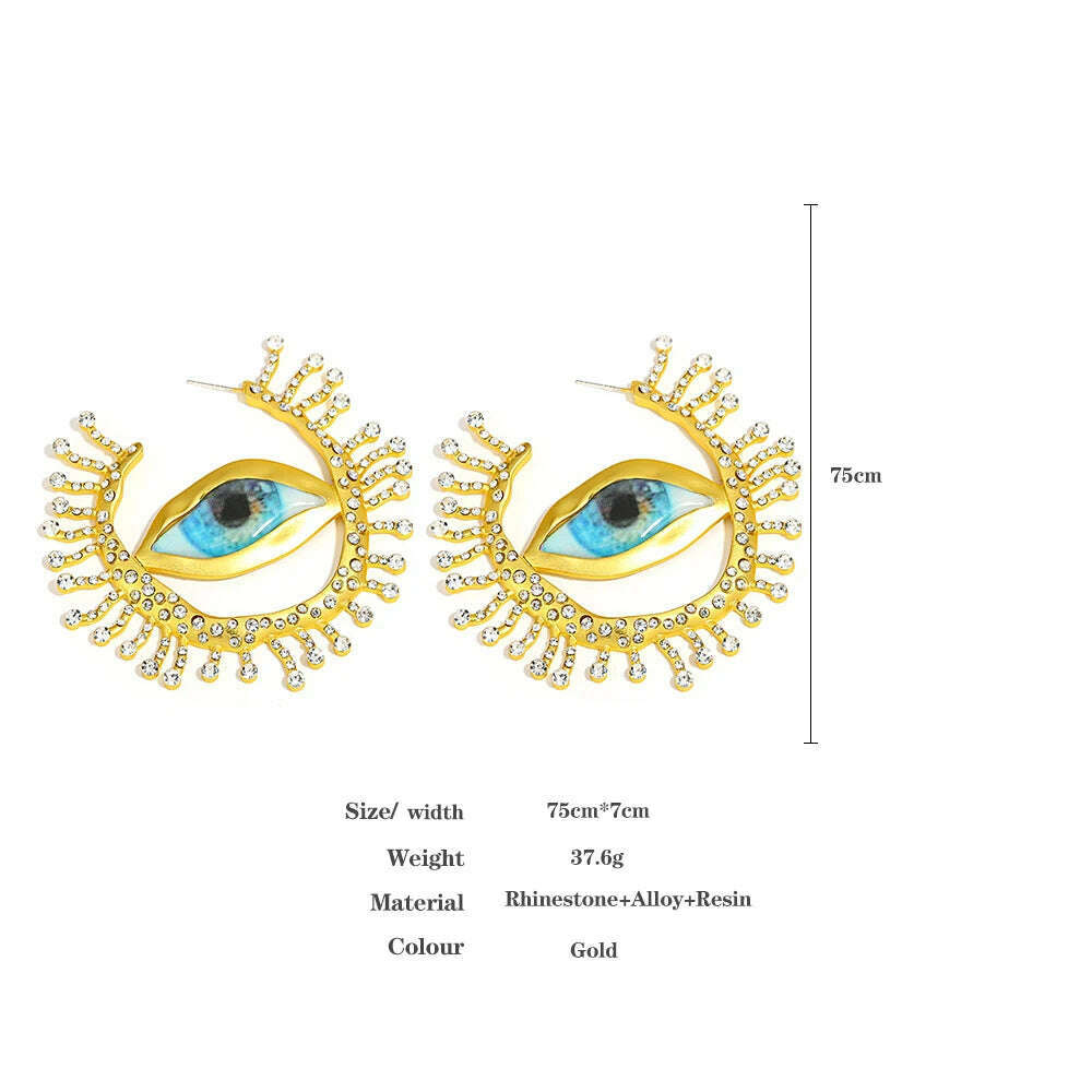 Lifefontier Vintage Full Rhinestone Devil's Eye Hoop Earrings For Women New Asymmetric Alien Pupil Big Earring Party Jewelry - KIMLUD