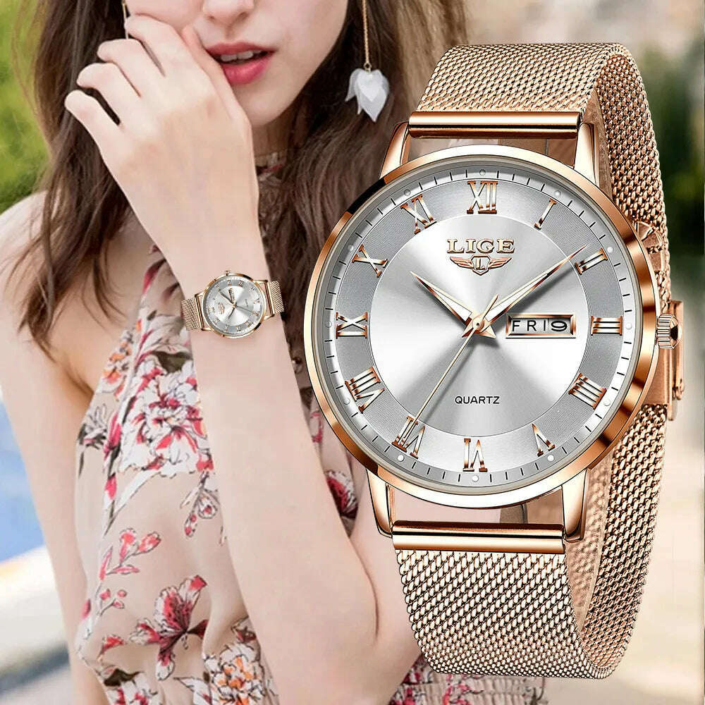 LIGE Brand Women Watches Ultra-thin Luxury Quartz Watch Fashion Ladies Clock Stainless Steel Waterproof Calendar Week Wristwatch - KIMLUD
