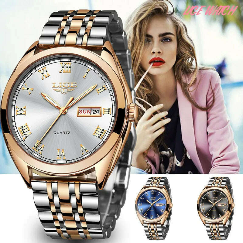 KIMLUD, LIGE Fashion Women Watches Ladies Top Brand luxury Waterproof Gold Quartz Watch Women Stainless Steel Date Wear Gift Clock 2021, KIMLUD Womens Clothes