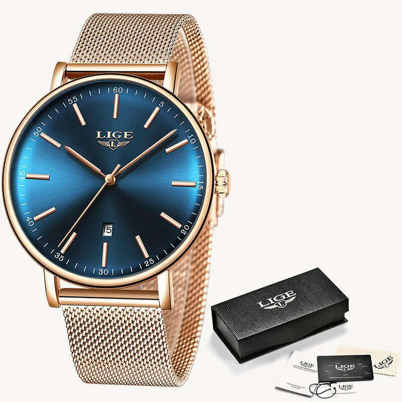 LIGE Fashion Women Watches Ladies Top Brand luxury Waterproof Gold Quartz Watch Women Stainless Steel Date Wear Gift Clock 2021 - KIMLUD
