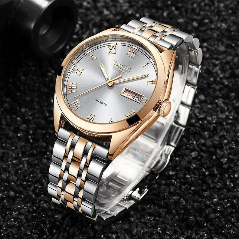 LIGE Fashion Women Watches Ladies Top Brand luxury Waterproof Gold Quartz Watch Women Stainless Steel Date Wear Gift Clock 2021 - KIMLUD
