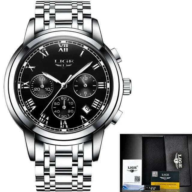 KIMLUD, LIGE Men Watches Top Luxury Brand Full Steel Waterproof Sport Quartz Watch Men Fashion Date Clock Chronograph Relogio Masculino, steel silver black / CHINA, KIMLUD Womens Clothes