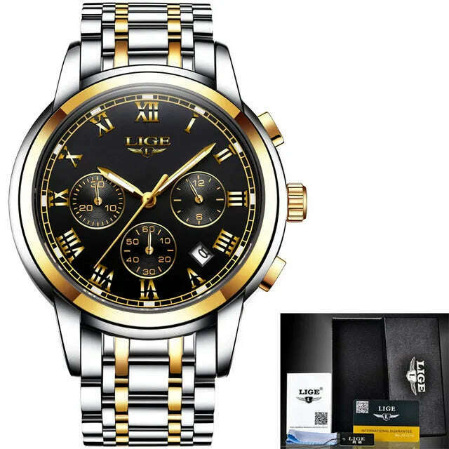 KIMLUD, LIGE Men Watches Top Luxury Brand Full Steel Waterproof Sport Quartz Watch Men Fashion Date Clock Chronograph Relogio Masculino, steel gold black / CHINA, KIMLUD Womens Clothes