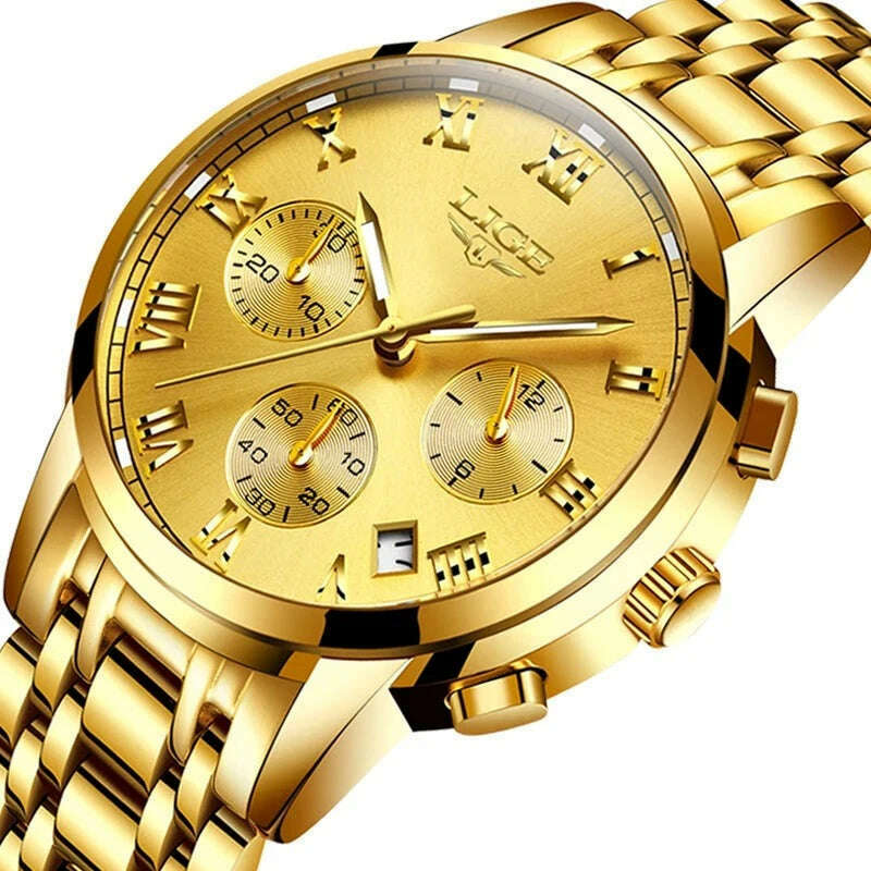 LIGE Mens Watches Top Brand Luxury Fashion Quartz Gold Watch Men's Business Stainless Steel Waterproof Clock Relogio Masculino - KIMLUD