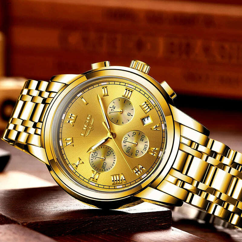 KIMLUD, LIGE Mens Watches Top Brand Luxury Fashion Quartz Gold Watch Men's Business Stainless Steel Waterproof Clock Relogio Masculino, KIMLUD Womens Clothes
