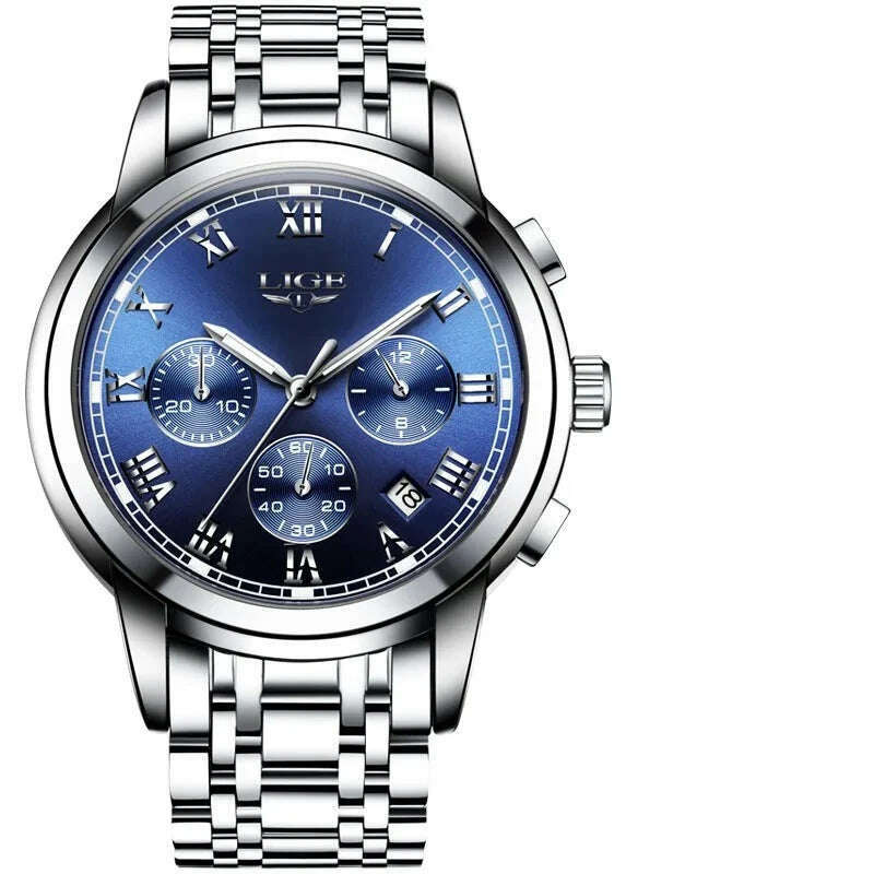 KIMLUD, LIGE Mens Watches Top Brand Luxury Fashion Quartz Gold Watch Men's Business Stainless Steel Waterproof Clock Relogio Masculino, Silver blue, KIMLUD Womens Clothes