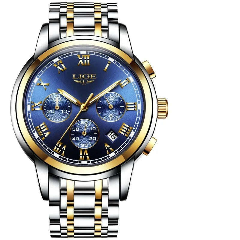 KIMLUD, LIGE Mens Watches Top Brand Luxury Fashion Quartz Gold Watch Men's Business Stainless Steel Waterproof Clock Relogio Masculino, Gold blue, KIMLUD Womens Clothes