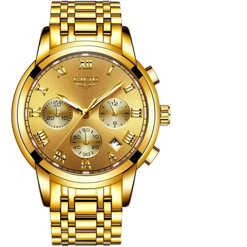 KIMLUD, LIGE Mens Watches Top Brand Luxury Fashion Quartz Gold Watch Men's Business Stainless Steel Waterproof Clock Relogio Masculino, KIMLUD Womens Clothes