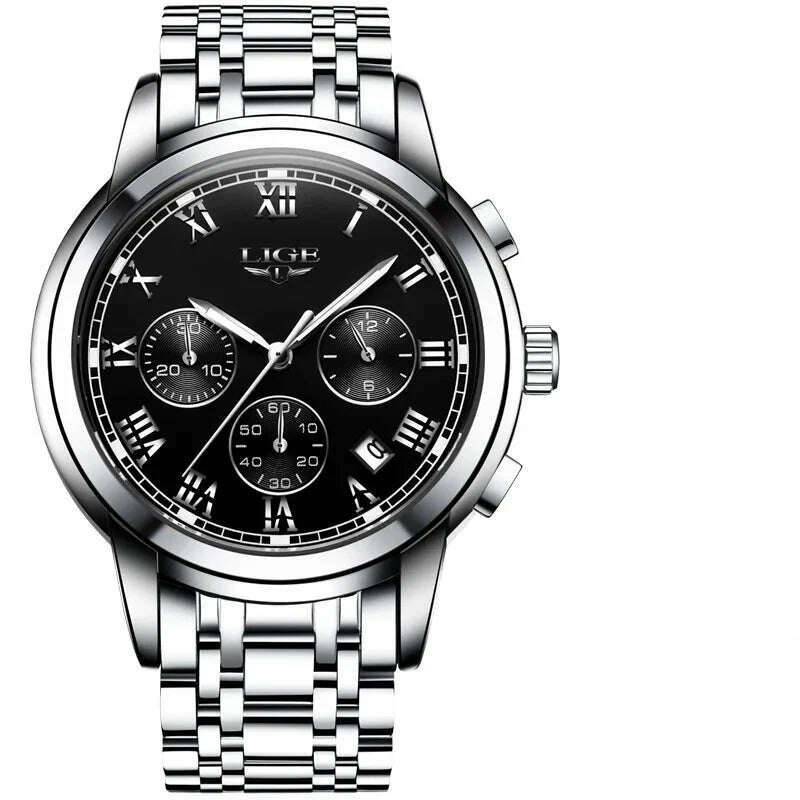 KIMLUD, LIGE Mens Watches Top Brand Luxury Fashion Quartz Gold Watch Men's Business Stainless Steel Waterproof Clock Relogio Masculino, Silver black, KIMLUD Womens Clothes
