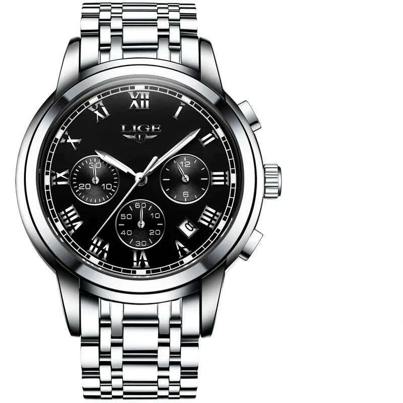 KIMLUD, LIGE Mens Watches Top Brand Luxury Fashion Quartz Gold Watch Men's Business Stainless Steel Waterproof Clock Relogio Masculino, KIMLUD Womens ClothesKIMLUD, LIGE Mens Watches Top Brand Luxury Fashion Quartz Gold Watch Men's Business Stainless Steel Waterproof Clock Relogio Masculino, Silver black, KIMLUD APPAREL - Womens Clothes