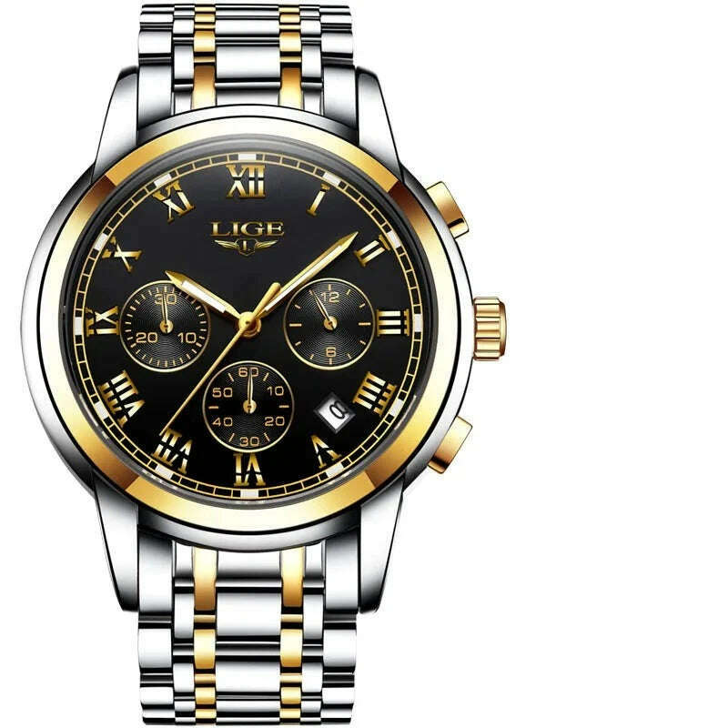 KIMLUD, LIGE Mens Watches Top Brand Luxury Fashion Quartz Gold Watch Men's Business Stainless Steel Waterproof Clock Relogio Masculino, Gold black, KIMLUD Womens Clothes