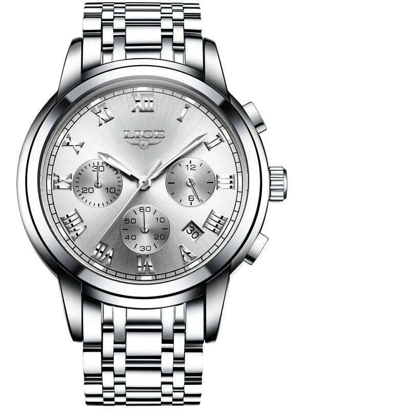KIMLUD, LIGE Mens Watches Top Brand Luxury Fashion Quartz Gold Watch Men's Business Stainless Steel Waterproof Clock Relogio Masculino, Silver white, KIMLUD Womens Clothes