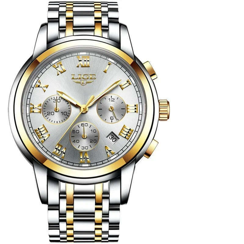 KIMLUD, LIGE Mens Watches Top Brand Luxury Fashion Quartz Gold Watch Men's Business Stainless Steel Waterproof Clock Relogio Masculino, Gold white, KIMLUD Womens Clothes