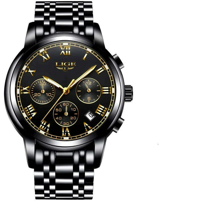 KIMLUD, LIGE Mens Watches Top Brand Luxury Fashion Quartz Gold Watch Men's Business Stainless Steel Waterproof Clock Relogio Masculino, Black gold, KIMLUD Womens Clothes