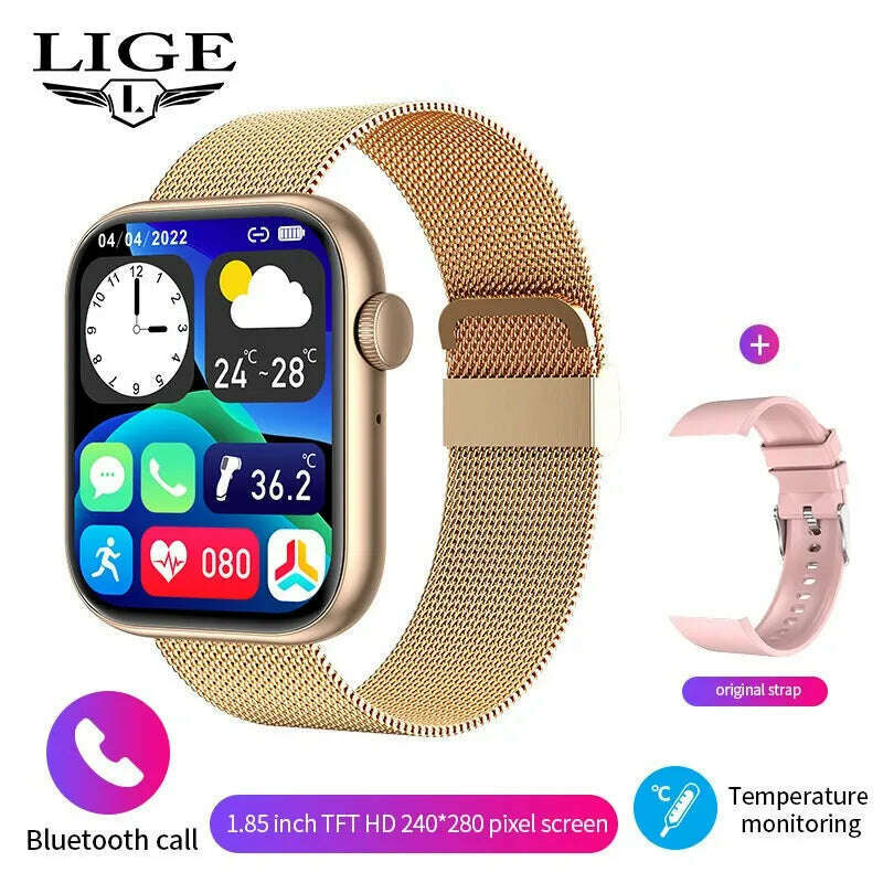 KIMLUD, LIGE Smart Watch For Women Full Touch Screen Bluetooth Call Waterproof Watches Sport Fitness Tracker Smartwatch Lady Reloj Mujer, gold mesh belt, KIMLUD Womens Clothes
