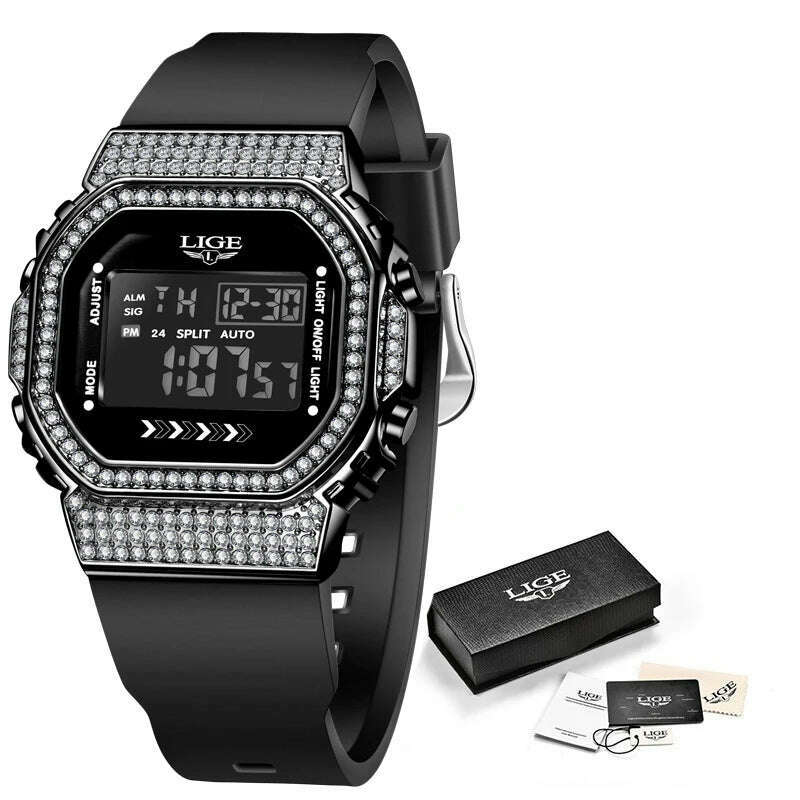 KIMLUD, LIGE Women Sport Watch Diamond Dial Watch for Women Ladies Silicone Quartz Watches Female Electronic Digital Analog Wirstwatches, Silicone black / China, KIMLUD APPAREL - Womens Clothes
