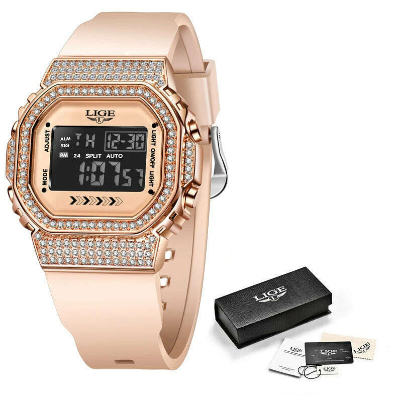 KIMLUD, LIGE Women Sport Watch Diamond Dial Watch for Women Ladies Silicone Quartz Watches Female Electronic Digital Analog Wirstwatches, Steel Silver black / China, KIMLUD APPAREL - Womens Clothes