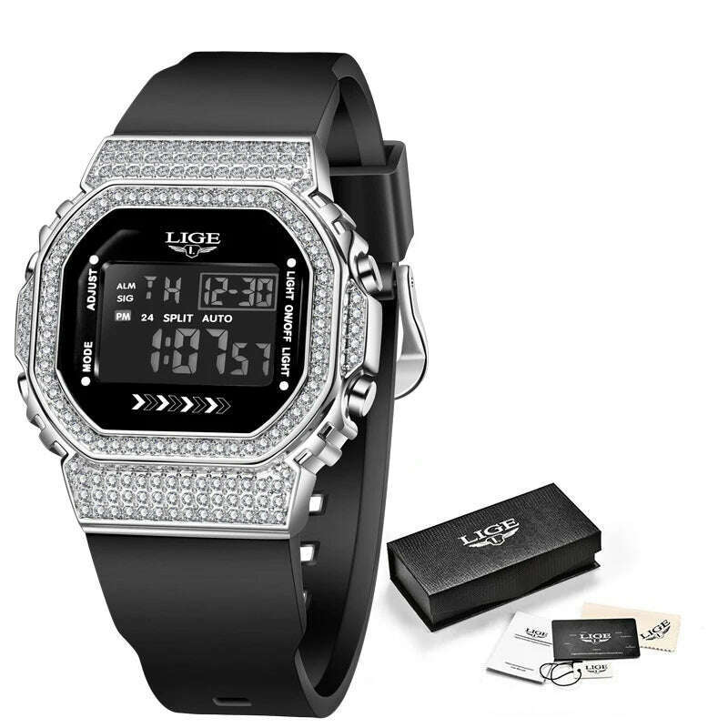 KIMLUD, LIGE Women Sport Watch Diamond Dial Watch for Women Ladies Silicone Quartz Watches Female Electronic Digital Analog Wirstwatches, Silicone white / China, KIMLUD APPAREL - Womens Clothes