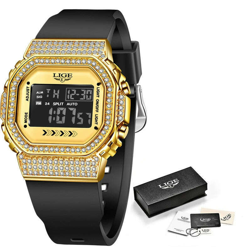 KIMLUD, LIGE Women Sport Watch Diamond Dial Watch for Women Ladies Silicone Quartz Watches Female Electronic Digital Analog Wirstwatches, Silicone pink / China, KIMLUD APPAREL - Womens Clothes