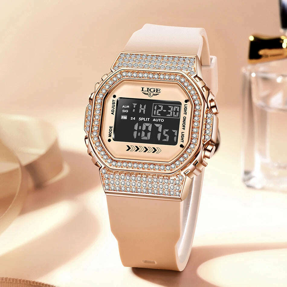 KIMLUD, LIGE Women Sport Watch Diamond Dial Watch for Women Ladies Silicone Quartz Watches Female Electronic Digital Analog Wirstwatches, KIMLUD Womens Clothes