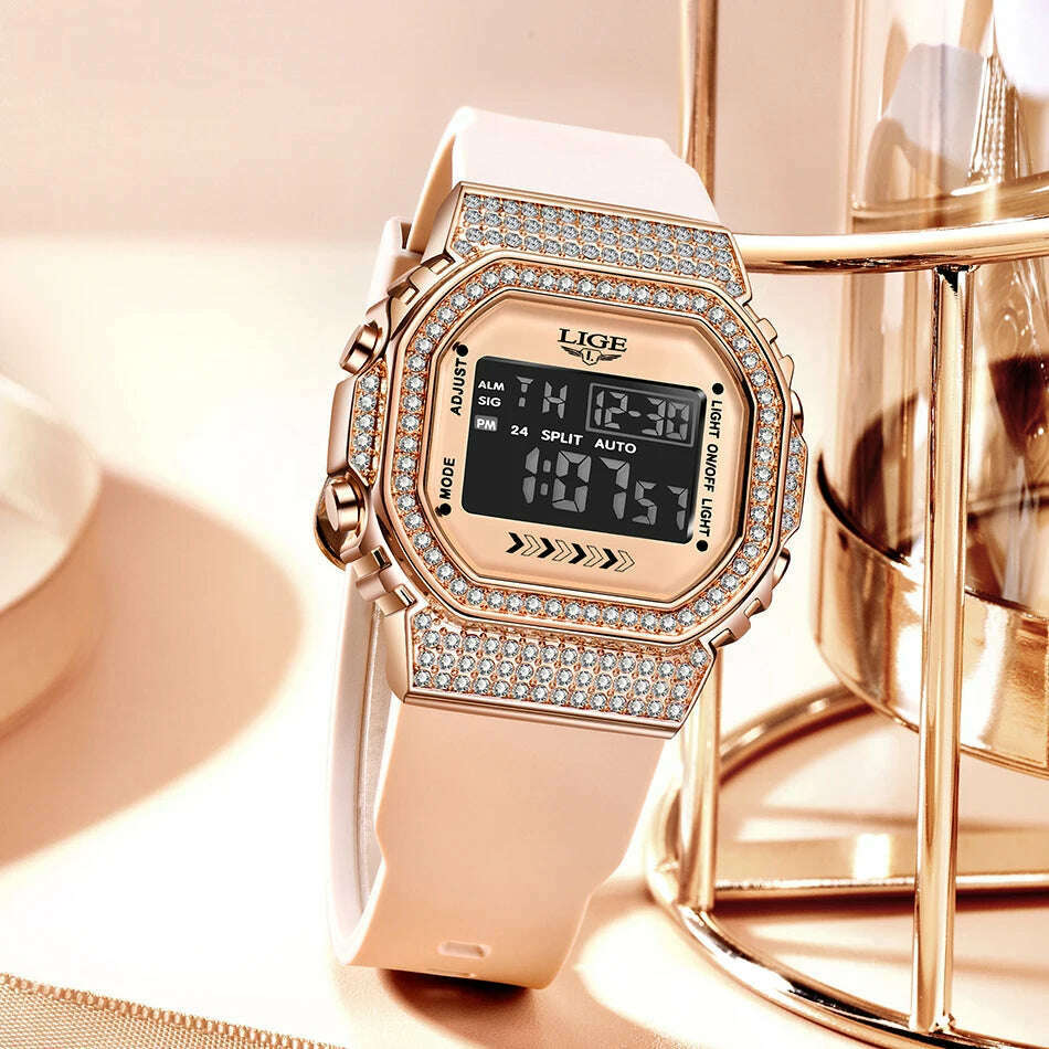 KIMLUD, LIGE Women Sport Watch Diamond Dial Watch for Women Ladies Silicone Quartz Watches Female Electronic Digital Analog Wirstwatches, KIMLUD Womens Clothes