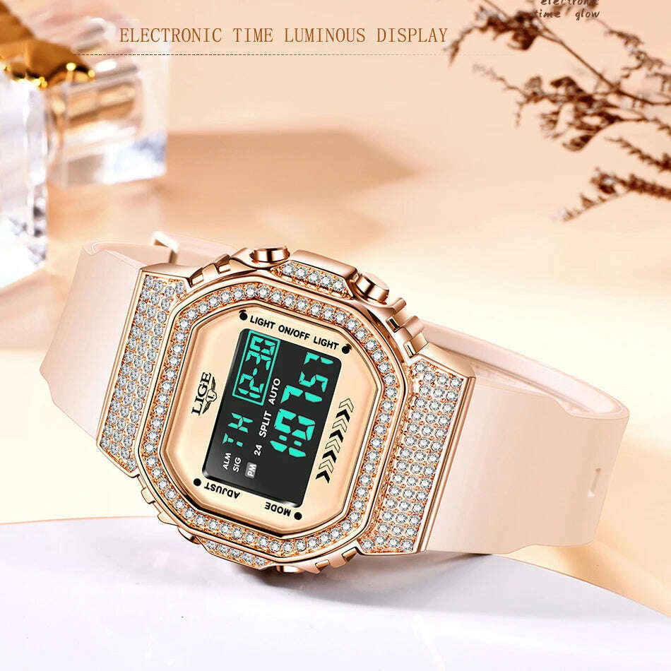 KIMLUD, LIGE Women Sport Watch Diamond Dial Watch for Women Ladies Silicone Quartz Watches Female Electronic Digital Analog Wirstwatches, KIMLUD Womens Clothes