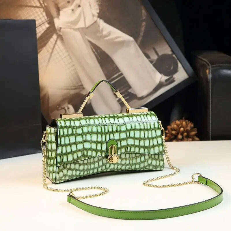KIMLUD, Light Luxury Genuine Leather Crocodile Pattern Handbag For Women 2023 New High Quality Stone Pattern One Shoulder Women's Bag, green, KIMLUD APPAREL - Womens Clothes