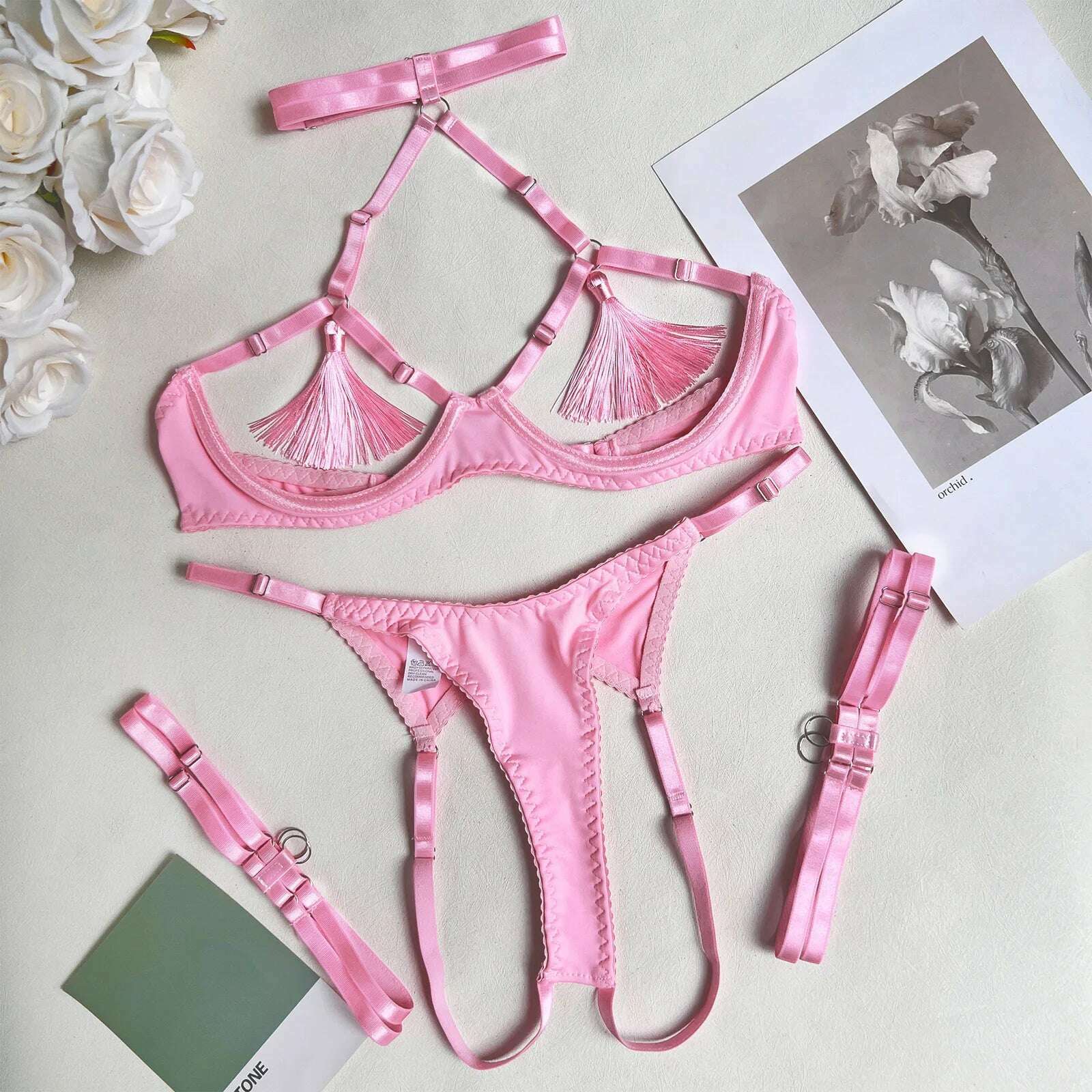 KIMLUD, Lingerie Sexy Hollow Exposed Breasts Tassel Temptation Open Underwear Sexy Bodysuit Lingerie Sexy Lingerie Sexs Hot, Pink / M, KIMLUD APPAREL - Womens Clothes