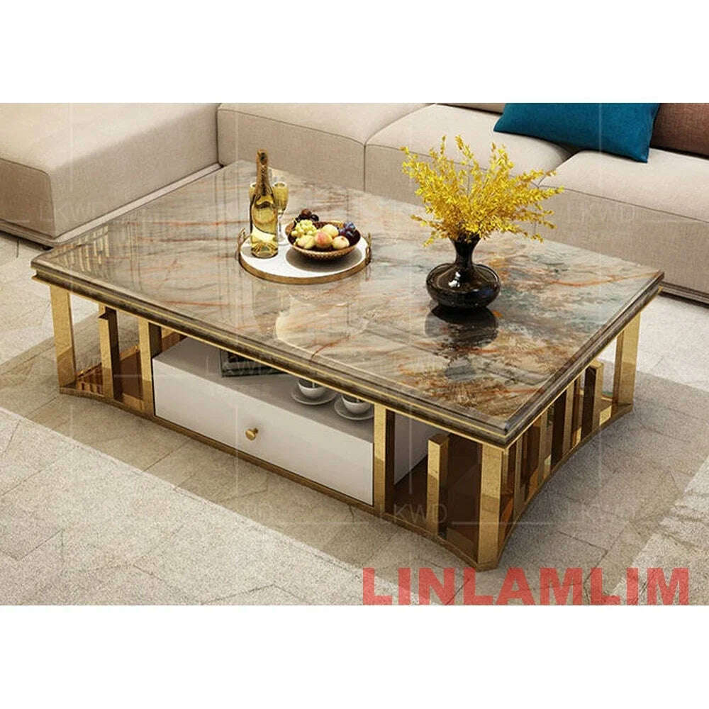 Linlamlim Minimalist Sticking Seashell Coffee Table in Gold Stainless Steel Frame Natural Marble Tea Table Living Room Furniture - KIMLUD