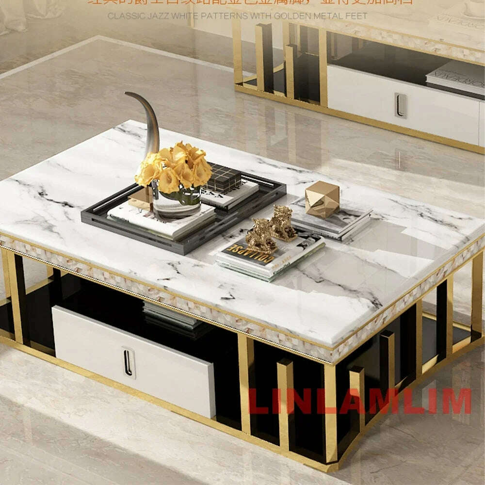 Linlamlim Minimalist Sticking Seashell Coffee Table in Gold Stainless Steel Frame Natural Marble Tea Table Living Room Furniture - KIMLUD