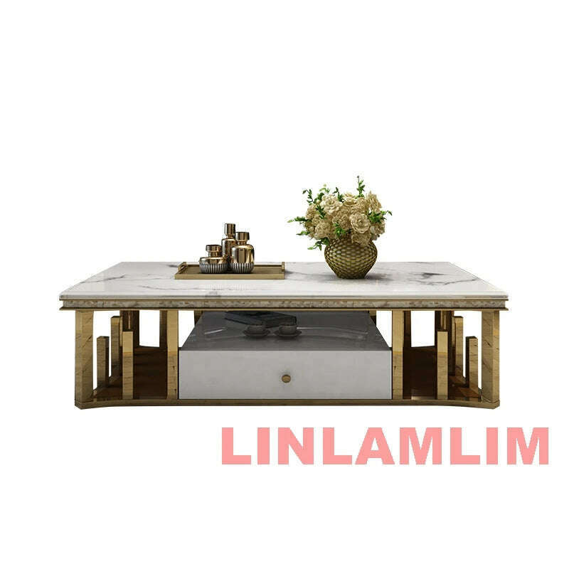 Linlamlim Minimalist Sticking Seashell Coffee Table in Gold Stainless Steel Frame Natural Marble Tea Table Living Room Furniture - KIMLUD