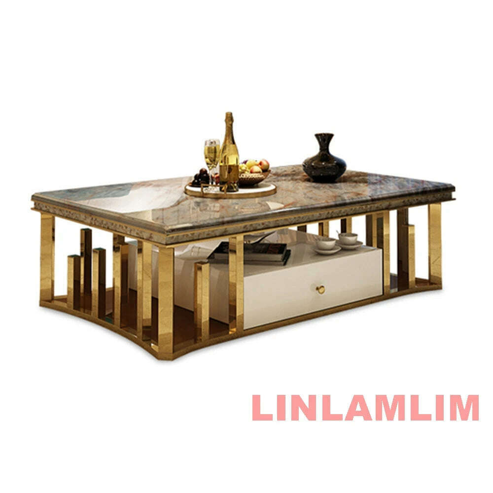 Linlamlim Minimalist Sticking Seashell Coffee Table in Gold Stainless Steel Frame Natural Marble Tea Table Living Room Furniture - KIMLUD