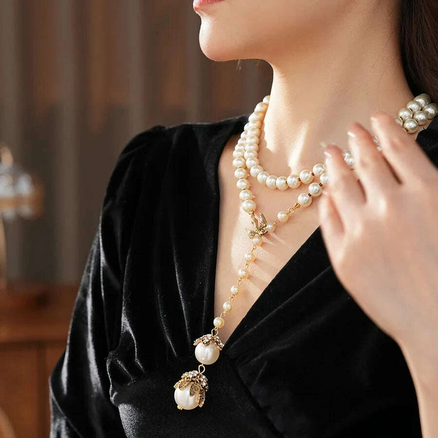 Little Bird French Imitation Pearl Pendant Necklace Flower Inlaid Rhinestone Adjustable Necklace Fashion Woman Party Jewelry N1