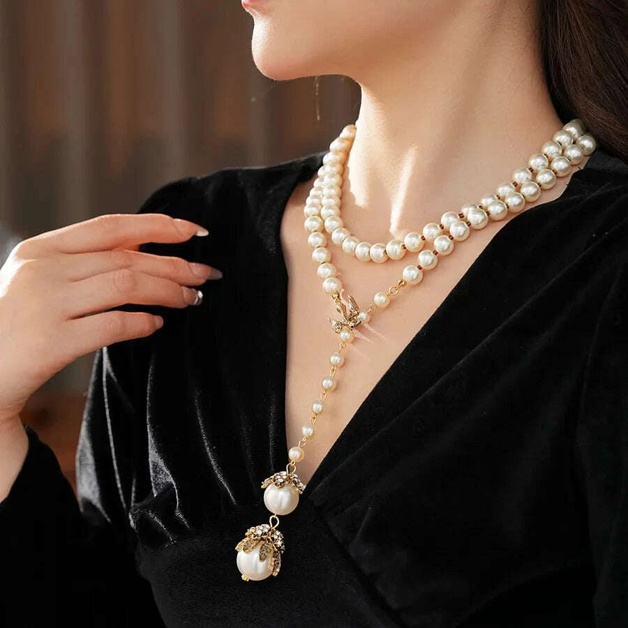 Little Bird French Imitation Pearl Pendant Necklace Flower Inlaid Rhinestone Adjustable Necklace Fashion Woman Party Jewelry N1