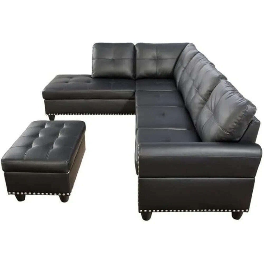 Living Room Sofa, L-Shape PU Leather Sectional Couch Set with Storage, Chaise, Ottoman, 2 Cup Holders & 2 Toss Pillow, Black - KIMLUD