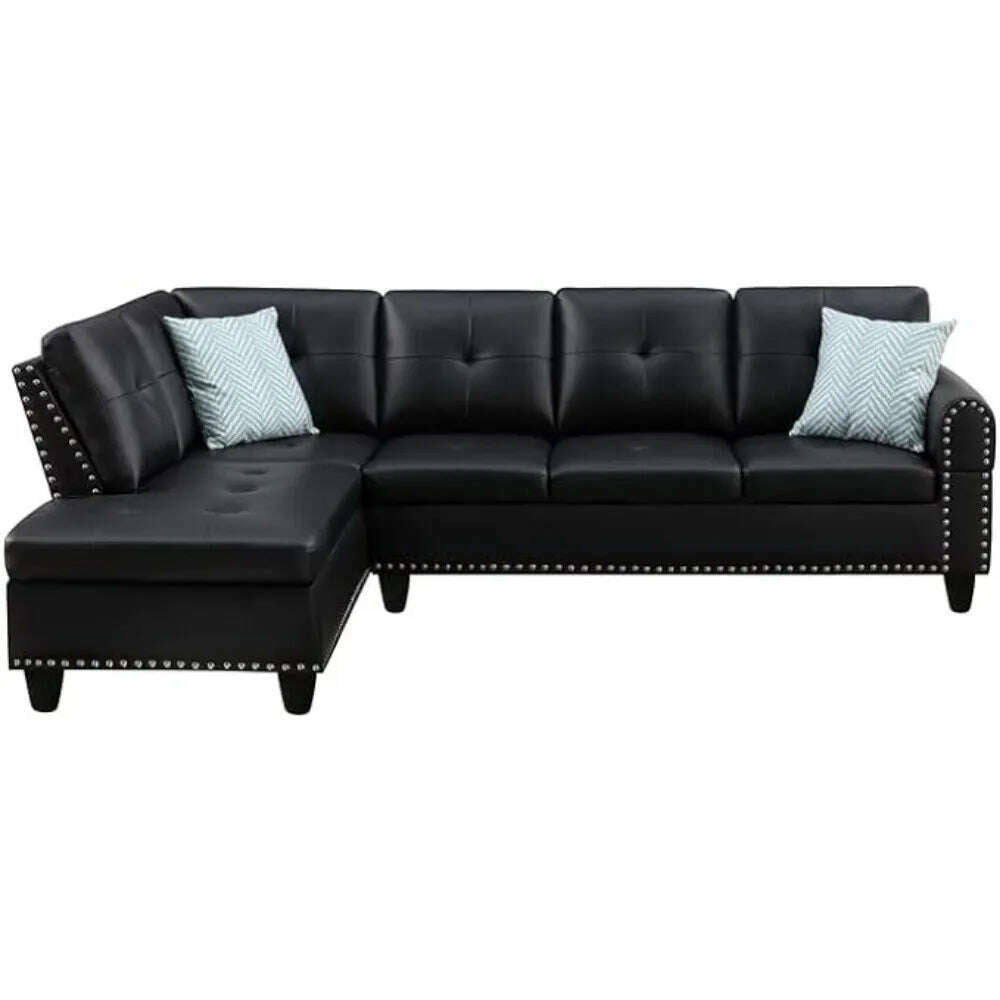 Living Room Sofa, L-Shape PU Leather Sectional Couch Set with Storage, Chaise, Ottoman, 2 Cup Holders & 2 Toss Pillow, Black - KIMLUD