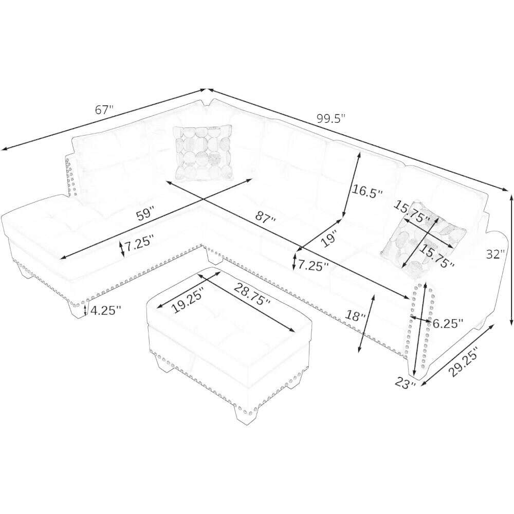 Living Room Sofa, L-Shape PU Leather Sectional Couch Set with Storage, Chaise, Ottoman, 2 Cup Holders & 2 Toss Pillow, Black - KIMLUD