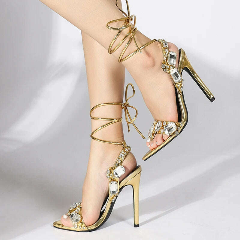 Liyke Sexy Ankle Strap Golded Sandals Women Party Nightclub Stripper Heels High Quality Crystal Diamond Pointed Toe Wedding Shoe - KIMLUD