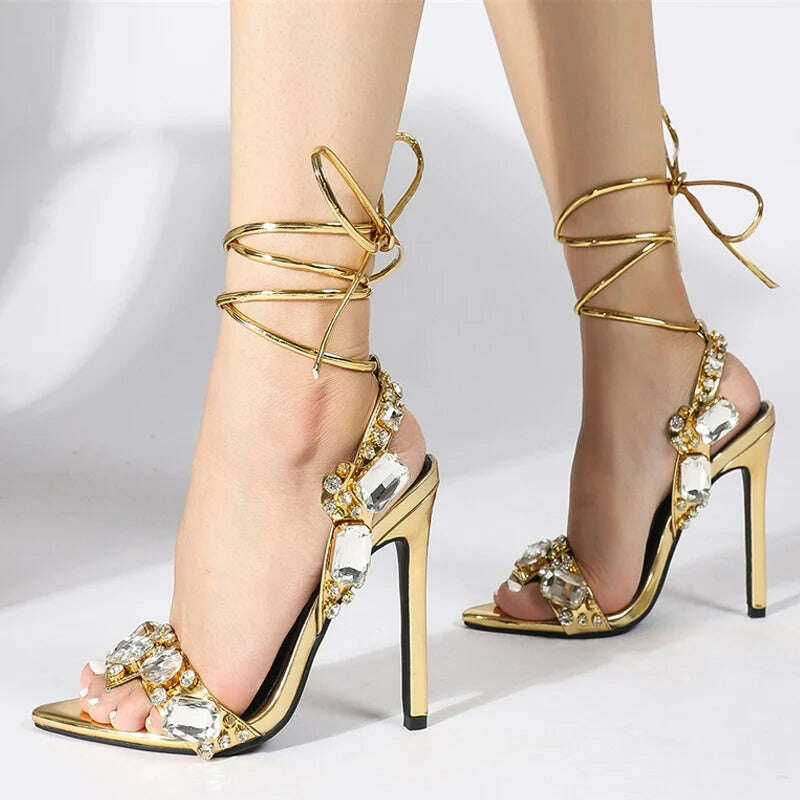 Liyke Sexy Ankle Strap Golded Sandals Women Party Nightclub Stripper Heels High Quality Crystal Diamond Pointed Toe Wedding Shoe - KIMLUD