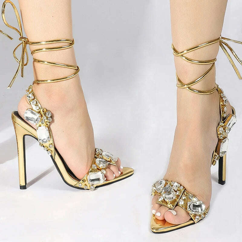 Liyke Sexy Ankle Strap Golded Sandals Women Party Nightclub Stripper Heels High Quality Crystal Diamond Pointed Toe Wedding Shoe - KIMLUD