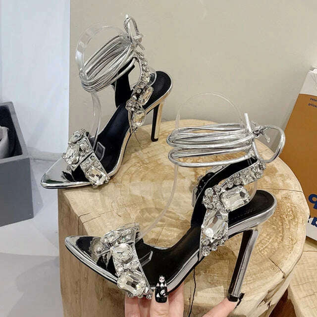 Liyke Sexy Ankle Strap Golded Sandals Women Party Nightclub Stripper Heels High Quality Crystal Diamond Pointed Toe Wedding Shoe - KIMLUD
