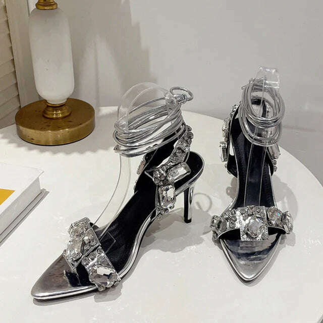 Liyke Sexy Ankle Strap Golded Sandals Women Party Nightclub Stripper Heels High Quality Crystal Diamond Pointed Toe Wedding Shoe - KIMLUD