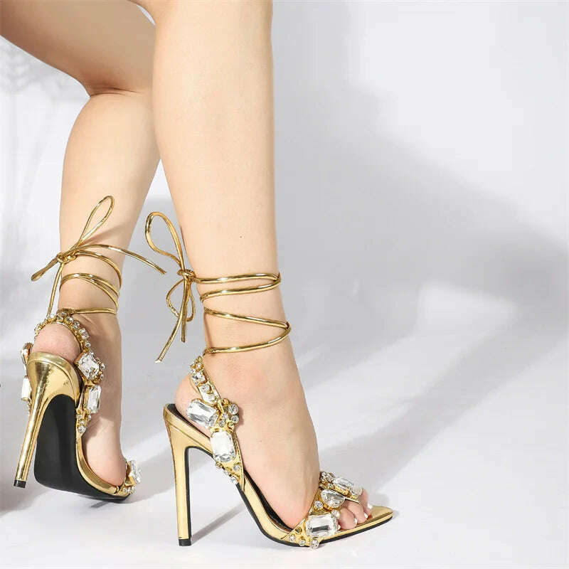 Liyke Sexy Ankle Strap Golded Sandals Women Party Nightclub Stripper Heels High Quality Crystal Diamond Pointed Toe Wedding Shoe - KIMLUD