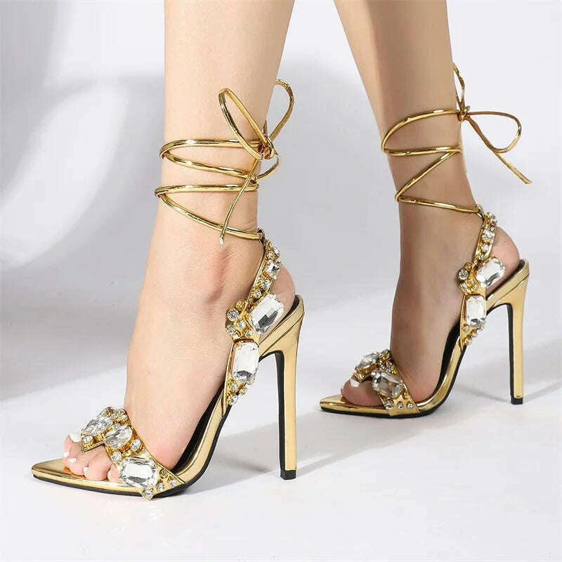Liyke Sexy Ankle Strap Golded Sandals Women Party Nightclub Stripper Heels High Quality Crystal Diamond Pointed Toe Wedding Shoe - KIMLUD
