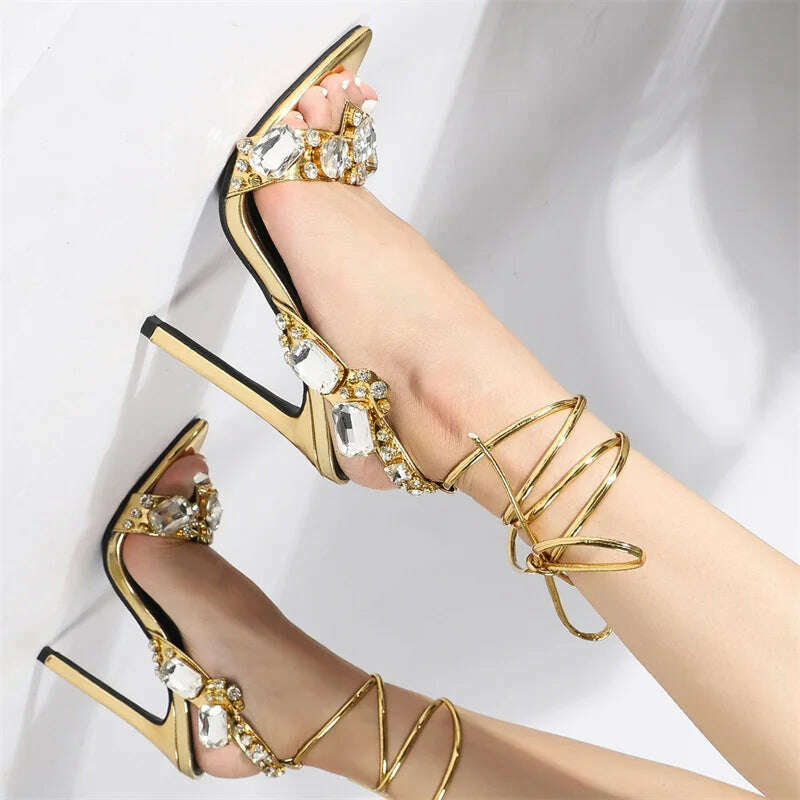 Liyke Sexy Ankle Strap Golded Sandals Women Party Nightclub Stripper Heels High Quality Crystal Diamond Pointed Toe Wedding Shoe - KIMLUD