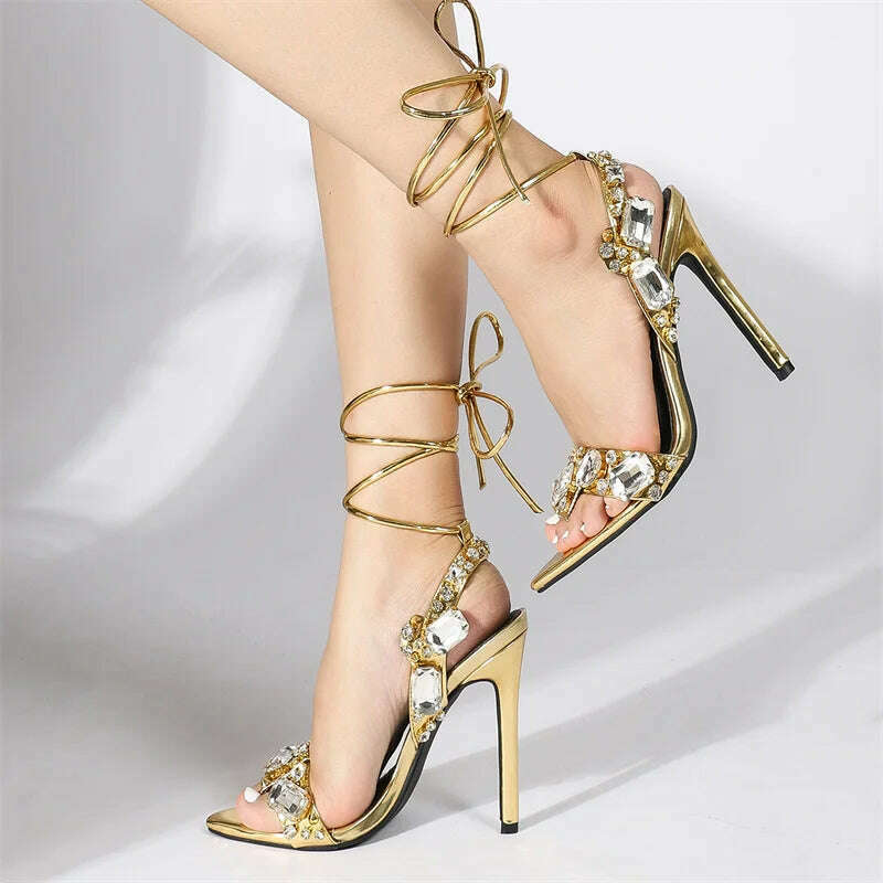 Liyke Sexy Ankle Strap Golded Sandals Women Party Nightclub Stripper Heels High Quality Crystal Diamond Pointed Toe Wedding Shoe - KIMLUD